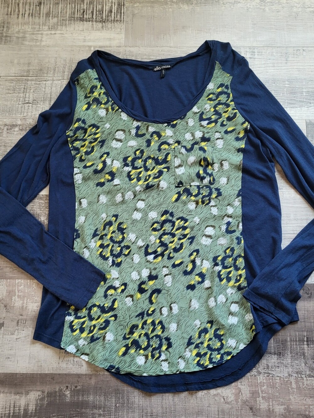 Ella Moss Women's Large Mixed Print Long Sleeve Top Scoop Neck Pocket Blouse